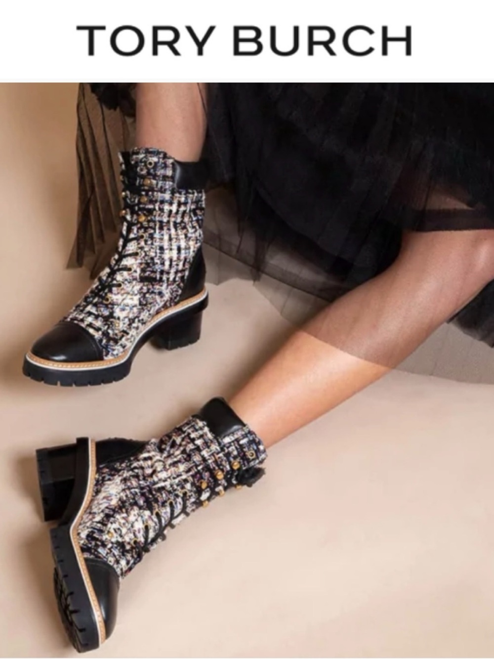 TORY BURCH MILLER STRIPED TWEED CALF LEATHER LUG SOLE COMBAT BOOTS SIZE 7.5